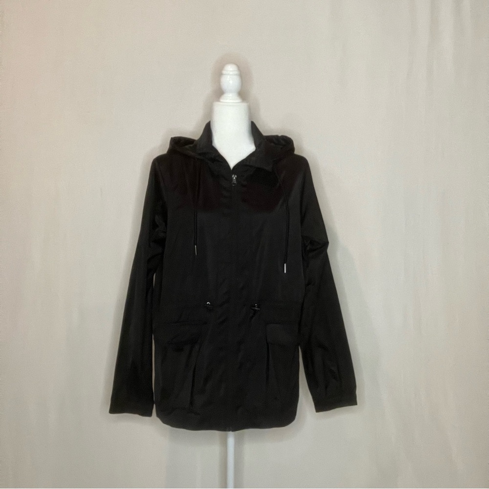 Avia Black Commuter Hooded Rain Jacket Cinch Waist Front Pockets Zipper Sz M